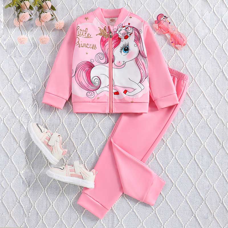 Girls' Pink Unicorn Zip-Up Long Sleeve Jacket with Matching Pants Set