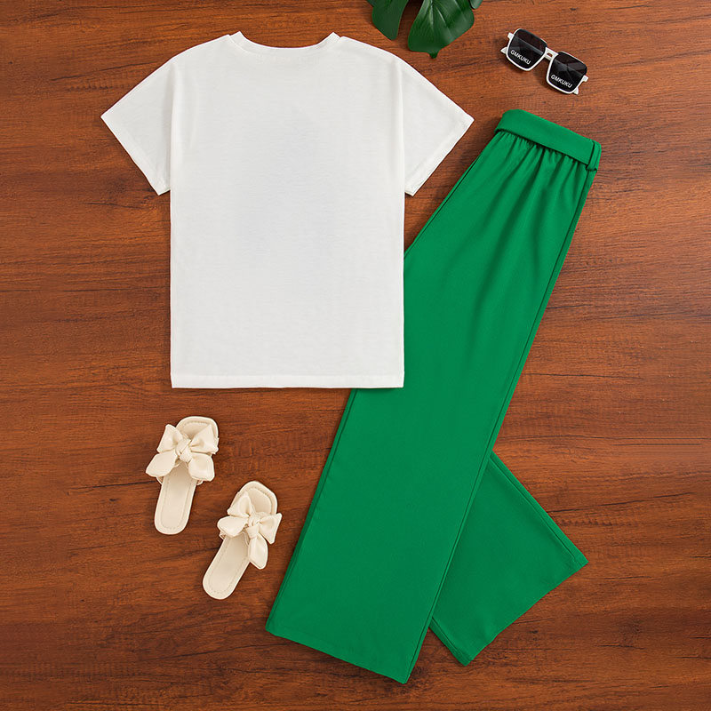 Girls' Printed Short Sleeve T-shirt with Green Wide-Leg Pants Set