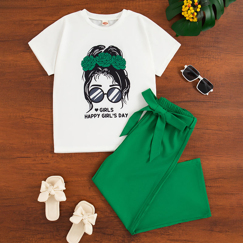 Girls' Printed Short Sleeve T-shirt with Green Wide-Leg Pants Set