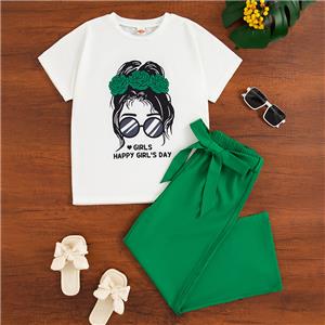 Girls' Printed Short Sleeve T-shirt with Green Wide-Leg Pants Set