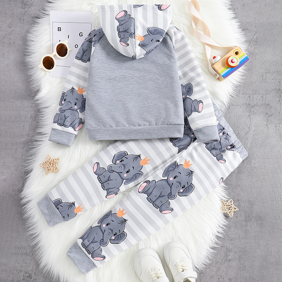 Baby Boys Long Sleeve Hooded Striped Sweatshirts and Pants Elephant Print Clothes Set Fall Winter Pants Sweatsuit