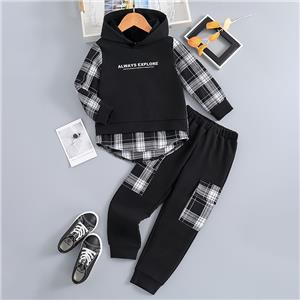 Toddler Baby Boy Clothes Plaid Long Sleeve Patchwork Hoodie Top and Sweatpants Boys 2pcs Fall Winter Outfits Set