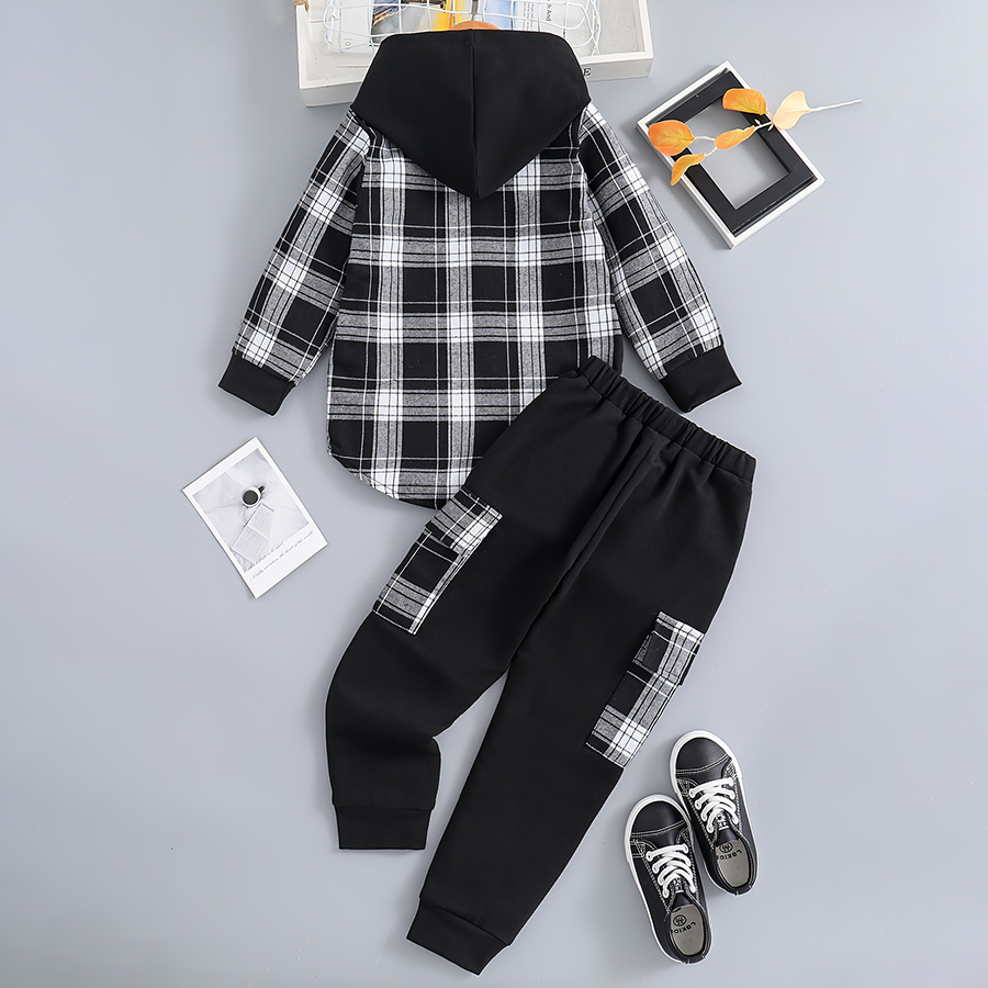 Toddler Baby Boy Clothes Plaid Long Sleeve Patchwork Hoodie Top and Sweatpants Boys 2pcs Fall Winter Outfits Set