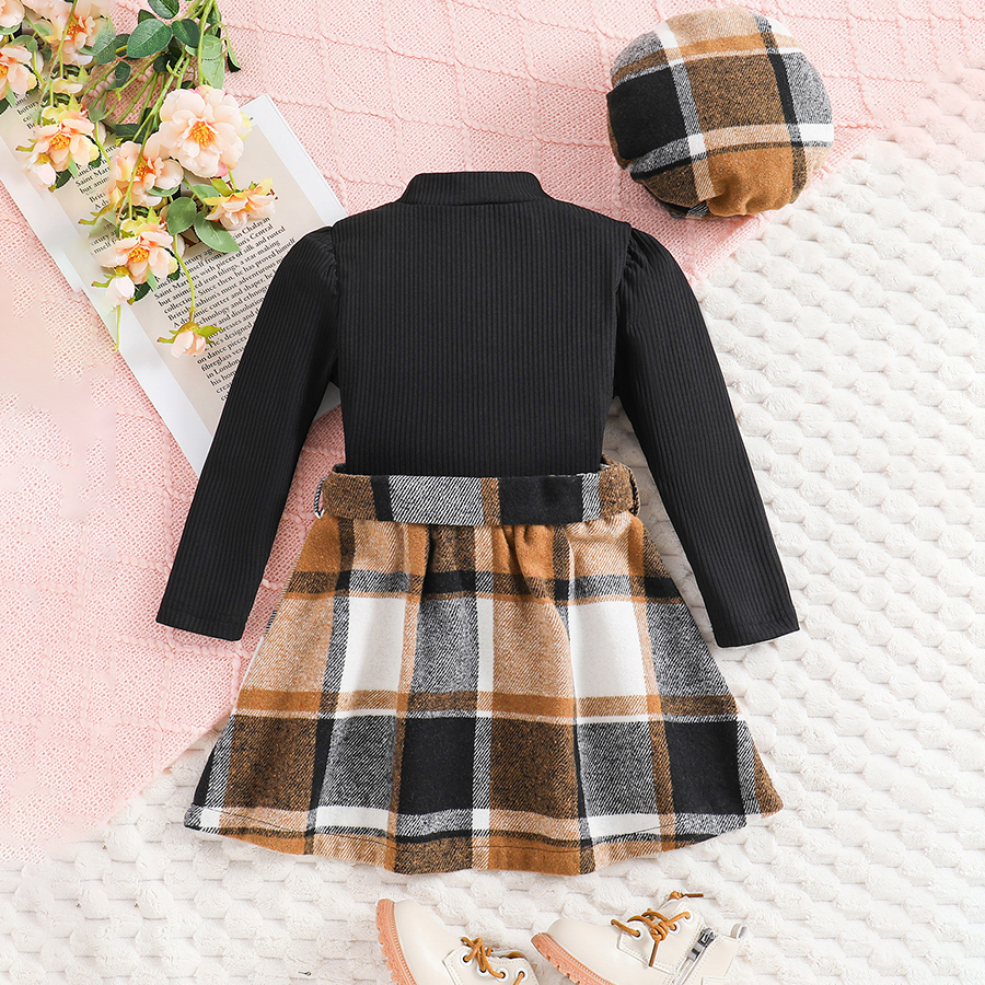 Toddler Girl Ruffle Long Sleeve Top+ Plaid Pleated Skirt+ Beret Hat 3Pcs Clothes Set Fall Winter Outfit Dress for Little Girls