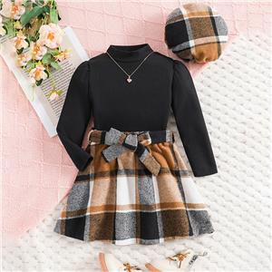 Toddler Girl Ruffle Long Sleeve Top+ Plaid Pleated Skirt+ Beret Hat 3Pcs Clothes Set Fall Winter Outfit Dress for Little Girls