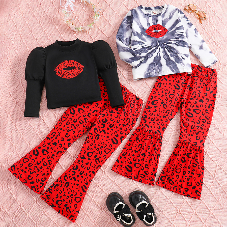 Kids Toddler Girl Clothes Cute Graphic Long Sleeves Top + Leopard Print Flare Leg Pants 2PC Fall Outfits Clothing Set