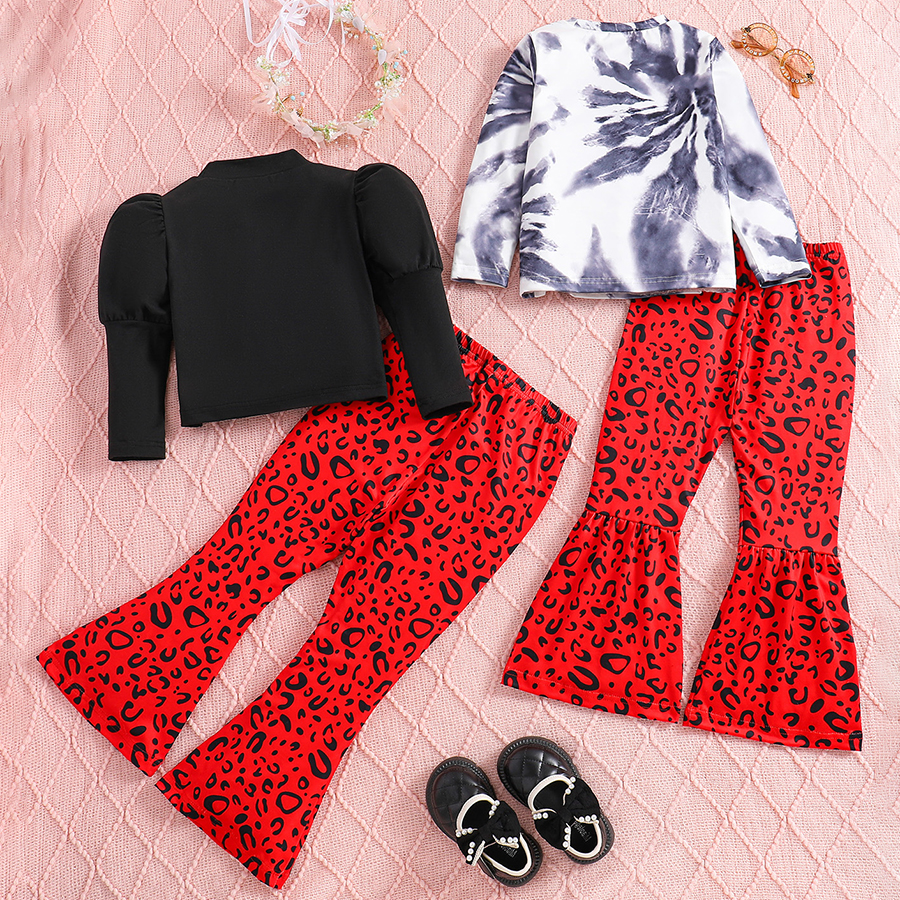 Kids Toddler Girl Clothes Cute Graphic Long Sleeves Top + Leopard Print Flare Leg Pants 2PC Fall Outfits Clothing Set