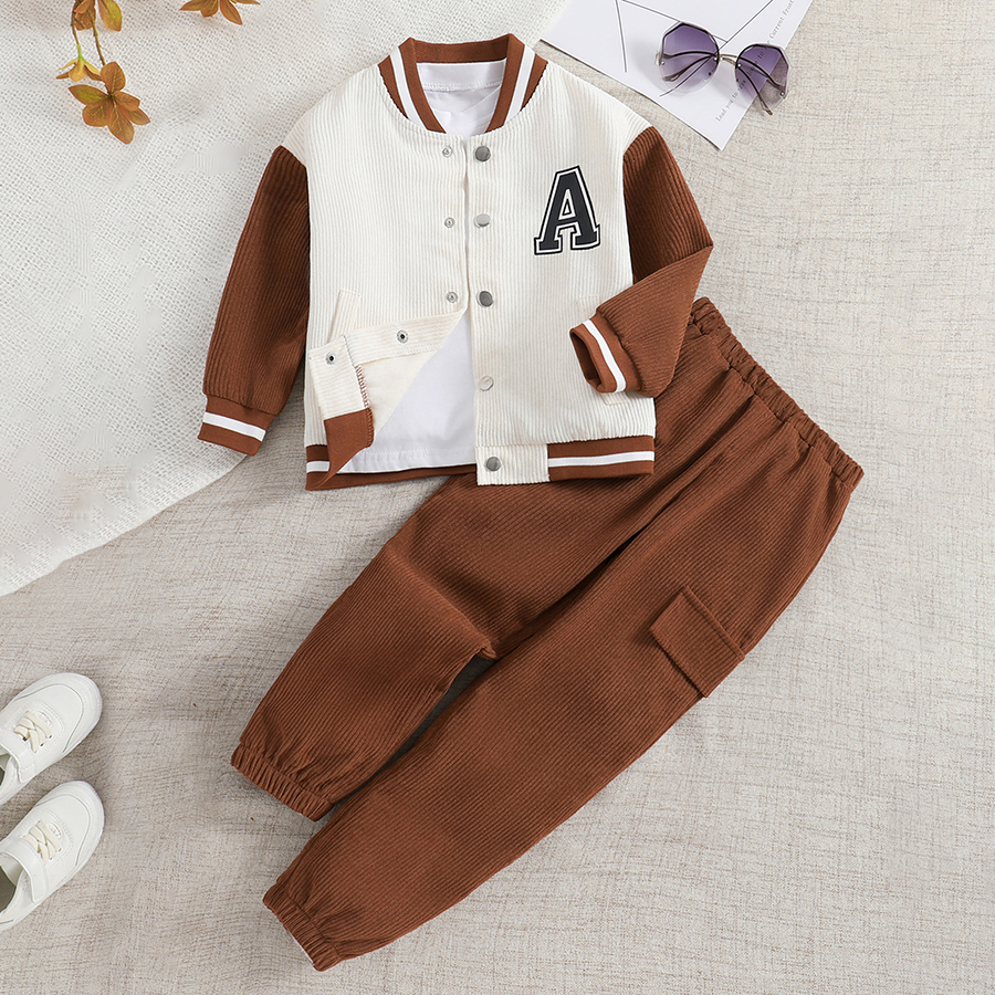 Boy's Letter Patched 2 Piece Outfit Long Sleeve Striped Trim Bomber Jacket and Sweatpants Set