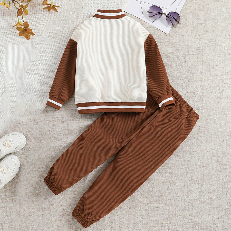 Boy's Letter Patched 2 Piece Outfit Long Sleeve Striped Trim Bomber Jacket and Sweatpants Set