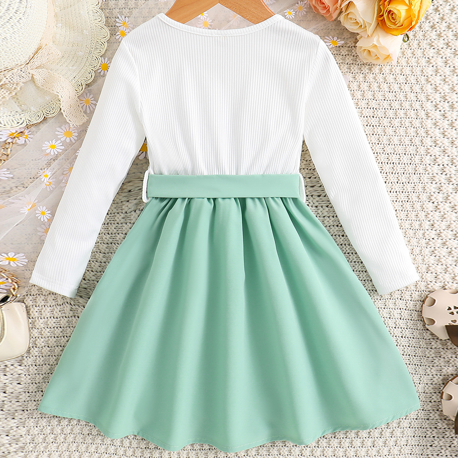 Girls' Ruffle Long Sleeve Patchwork Embroidered Dress with Belt A-line Toddler Girl Plain Kneelength Dress