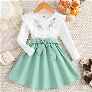 Girls' Ruffle Long Sleeve Patchwork Embroidered Dress with Belt A-line Toddler Girl Plain Kneelength Dress