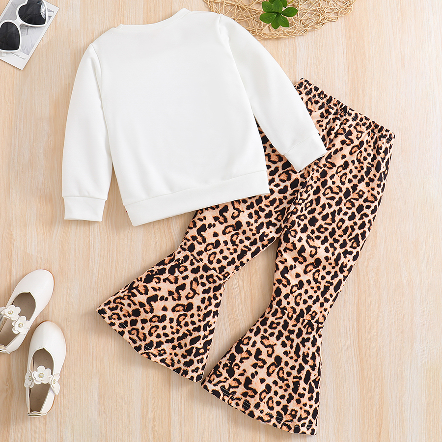 Toddler Girl Clothes 2Pcs Set Figure Graphic Drop Shoulder Top Pullover Crewneck Sweatshirt and Leopard Print Flared Pants Fall Winter Outfit Set