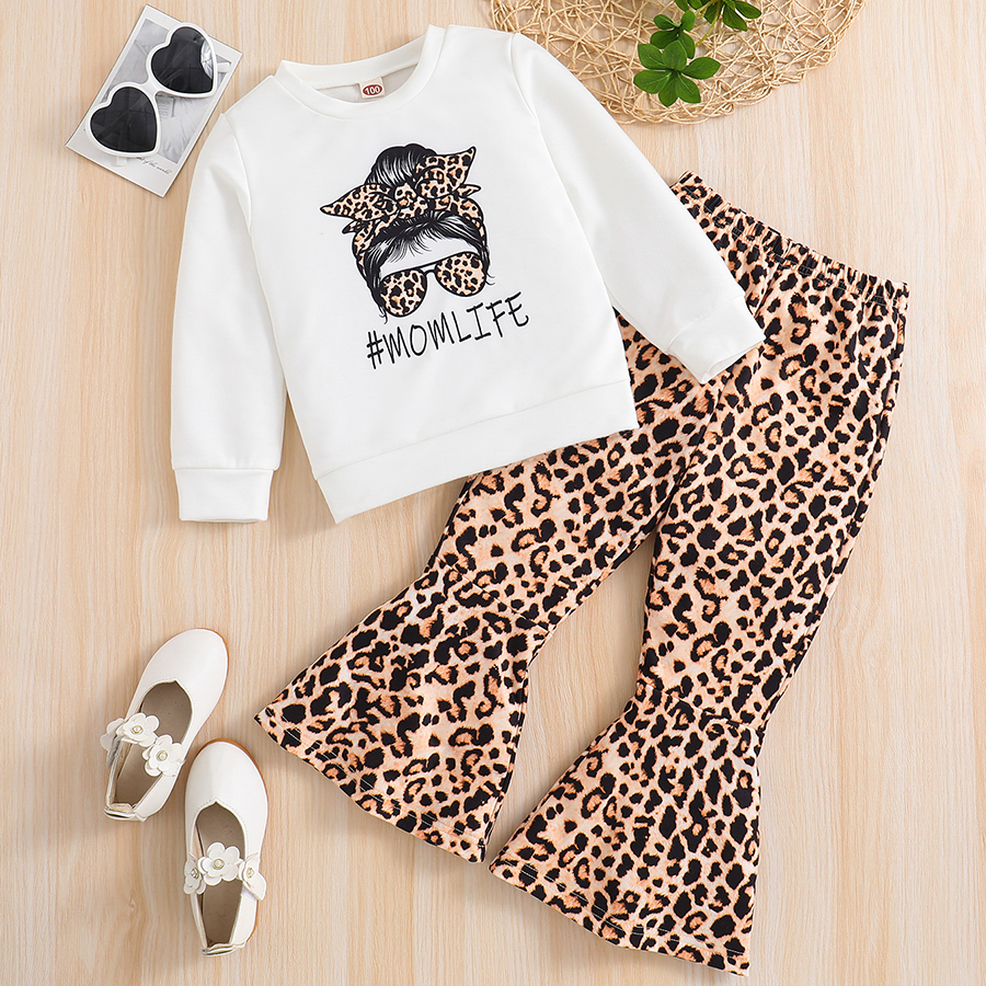 Toddler Girl Clothes 2Pcs Set Figure Graphic Drop Shoulder Top Pullover Crewneck Sweatshirt and Leopard Print Flared Pants Fall Winter Outfit Set