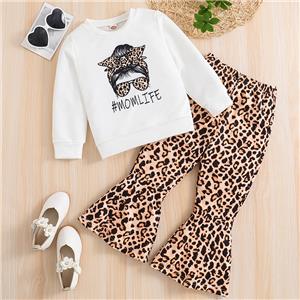 Toddler Girl Clothes 2Pcs Set Figure Graphic Drop Shoulder Top Pullover Crewneck Sweatshirt and Leopard Print Flared Pants Fall Winter Outfit Set