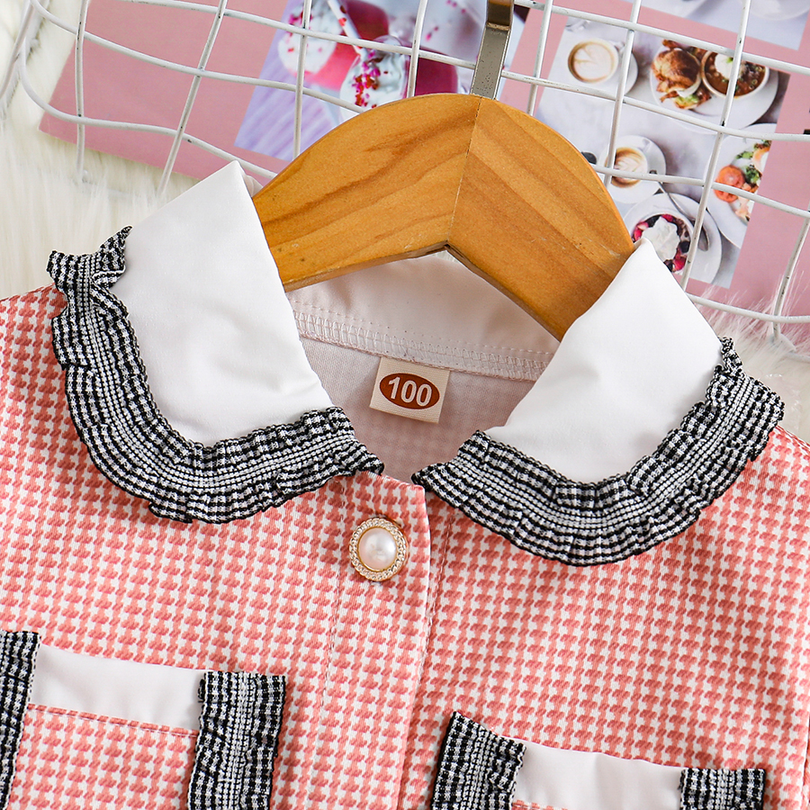 Toddler Girl's 2 Piece Houndstooth Button Front Long Sleeve Round Neck Collared Jacket and Skirt Outfits Set