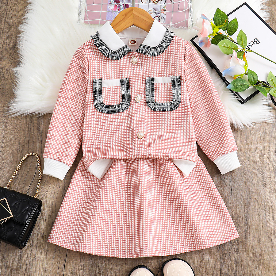 Toddler Girl's 2 Piece Houndstooth Button Front Long Sleeve Round Neck Collared Jacket and Skirt Outfits Set