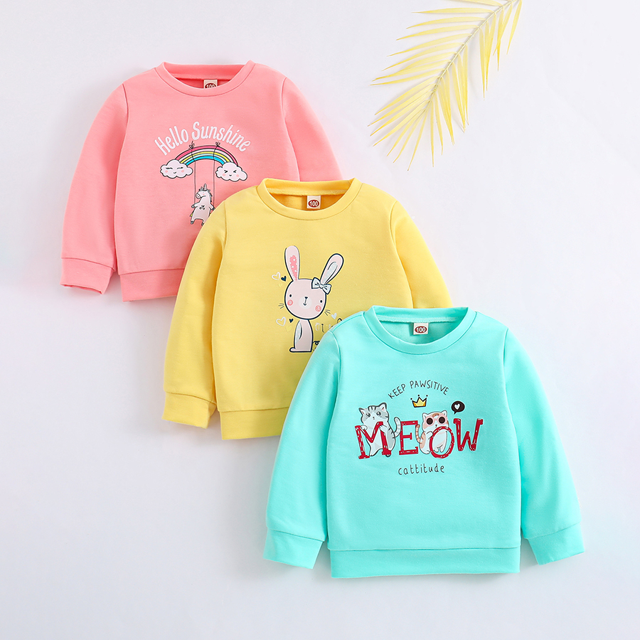 3 Pack Baby and Toddler Girls' Sweatshirt Girl Cartoon Letter Printed Crew-Neck Sweatshirt Long Sleeve Pullover Shirt Fall Winter Tops 1-8Y