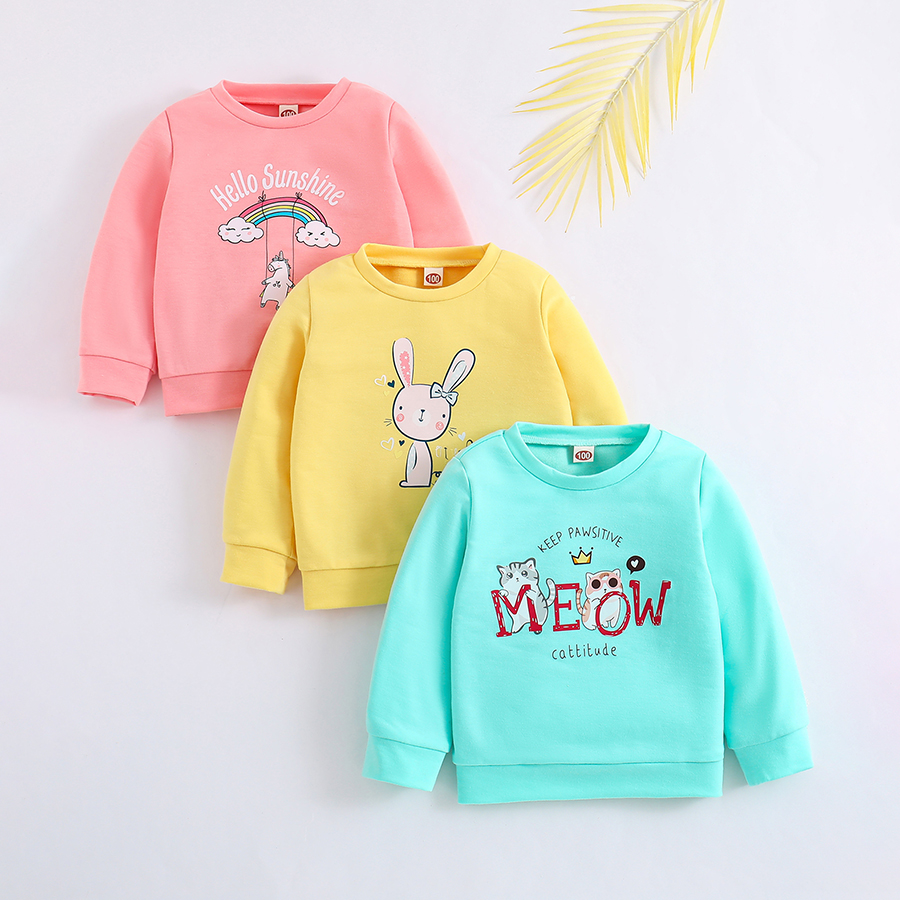 3 Pack Baby and Toddler Girls' Sweatshirt Girl Cartoon Letter Printed Crew-Neck Sweatshirt Long Sleeve Pullover Shirt Fall Winter Tops 1-8Y