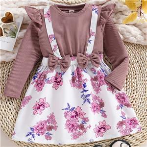 Toddler Girl Floral Printed Ruffle Trim Long Sleeve Fake Two-Piece Casual Dress Bowknot Girls A-line Dress