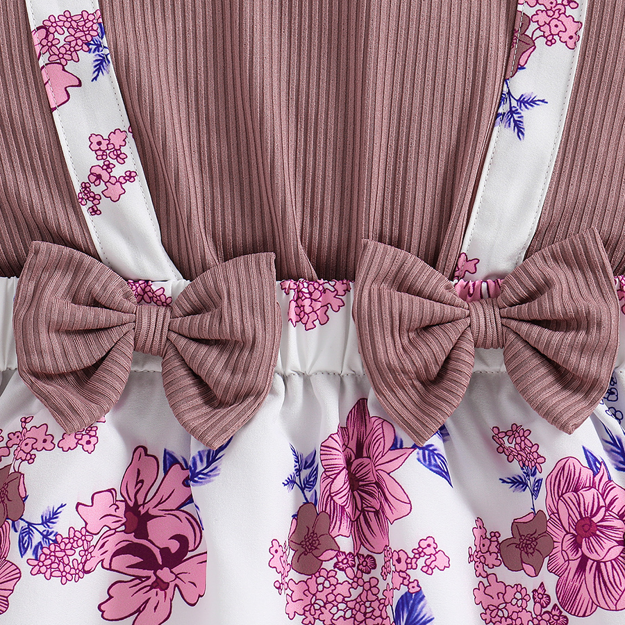 Toddler Girl Floral Printed Ruffle Trim Long Sleeve Fake Two-Piece Casual Dress Bowknot Girls A-line Dress