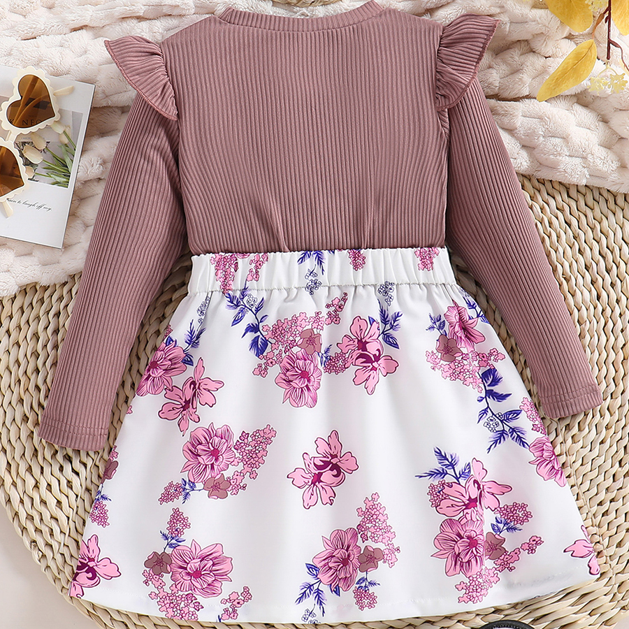 Toddler Girl Floral Printed Ruffle Trim Long Sleeve Fake Two-Piece Casual Dress Bowknot Girls A-line Dress