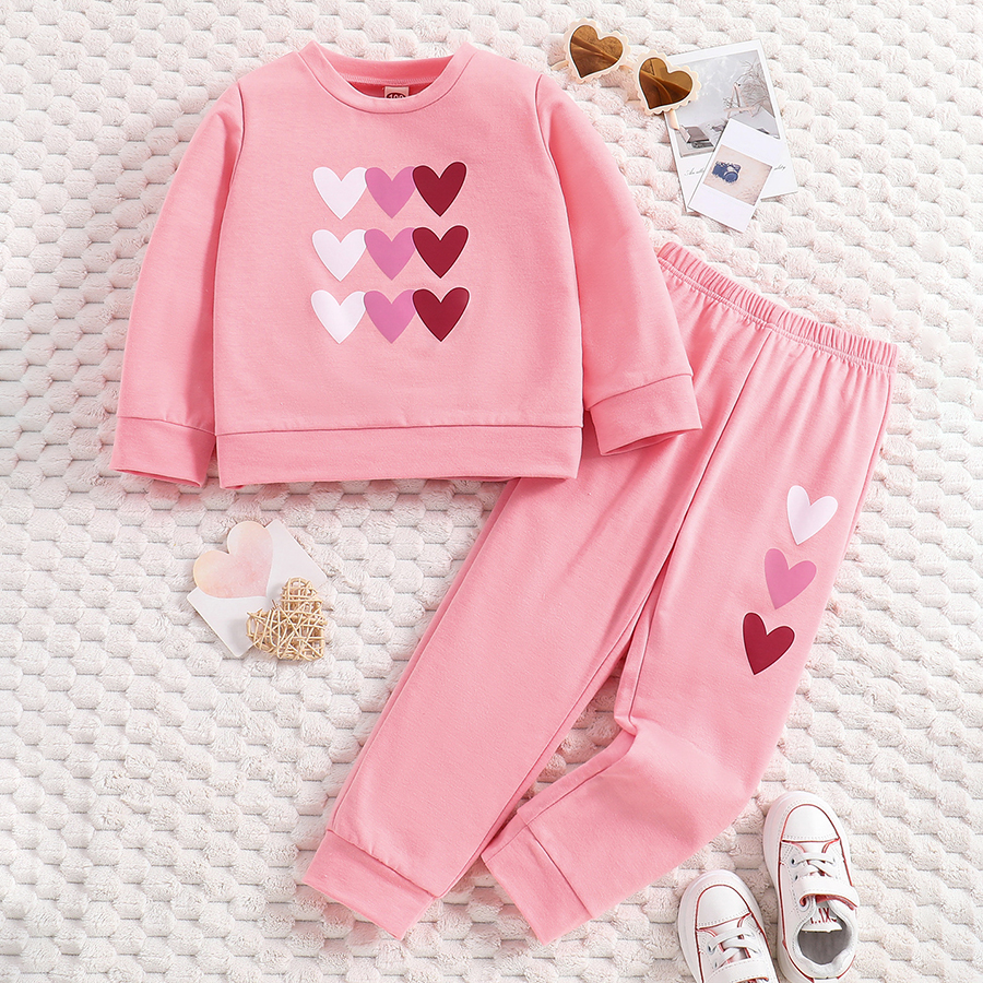 Little Girls 2 Piece Outfits Toddler Heart Print Long Sleeve Sweatshirt + Jogger Pants Fall Winter Clothing Set