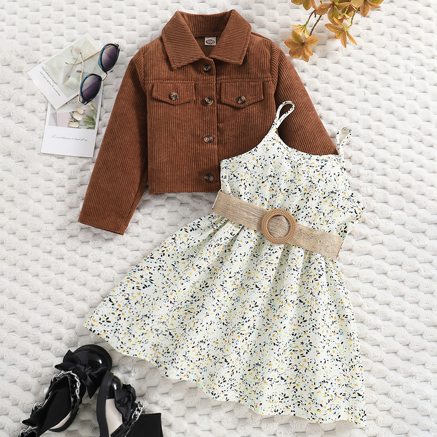 Toddler Baby Girl Dress Lapel Long Sleeve Button Down Jackets + Sleeveless Strap Floral Dress + Belt 3Pcs Sets