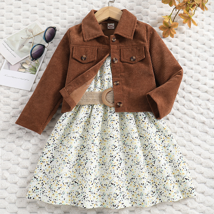 Toddler Baby Girl Dress Lapel Long Sleeve Button Down Jackets + Sleeveless Strap Floral Dress + Belt 3Pcs Sets