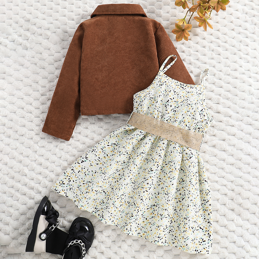 Toddler Baby Girl Dress Lapel Long Sleeve Button Down Jackets + Sleeveless Strap Floral Dress + Belt 3Pcs Sets