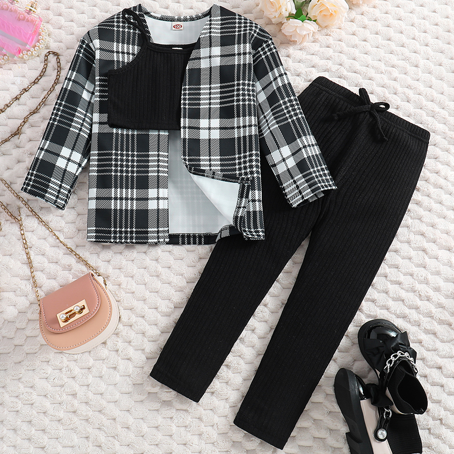 Girl's Cami Top and Legging Pants and Plaid Blouse Jacket 3 Piece Outfits Casual Pants Set