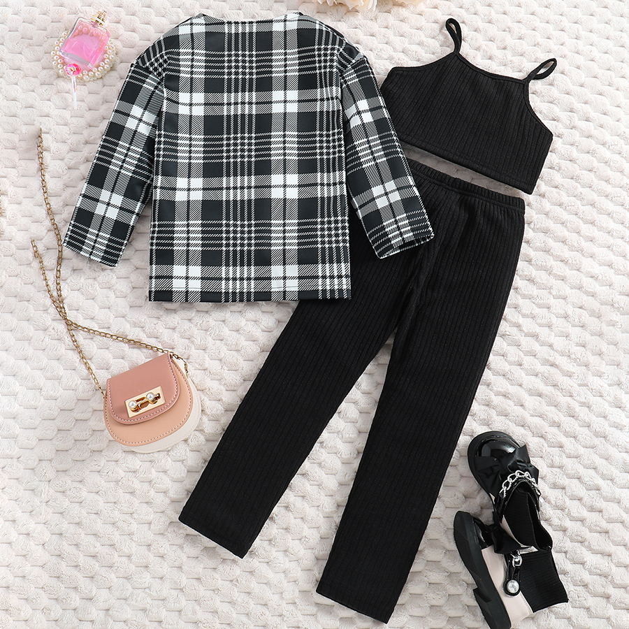 Girl's Cami Top and Legging Pants and Plaid Blouse Jacket 3 Piece Outfits Casual Pants Set