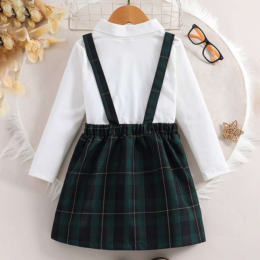 Toddler Baby Girl Fall Outfits Long Sleeve Collared T-shirt Top and Plaid Suspender Skirt Toddler Girls Clothing Sets