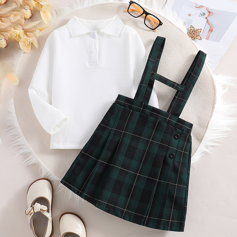 Toddler Baby Girl Fall Outfits Long Sleeve Collared T-shirt Top and Plaid Suspender Skirt Toddler Girls Clothing Sets