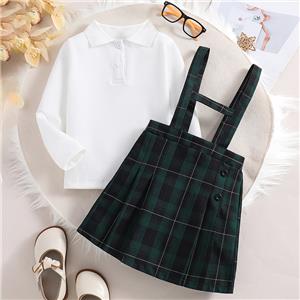 Toddler Baby Girl Fall Outfits Long Sleeve Collared T-shirt Top and Plaid Suspender Skirt Toddler Girls Clothing Sets