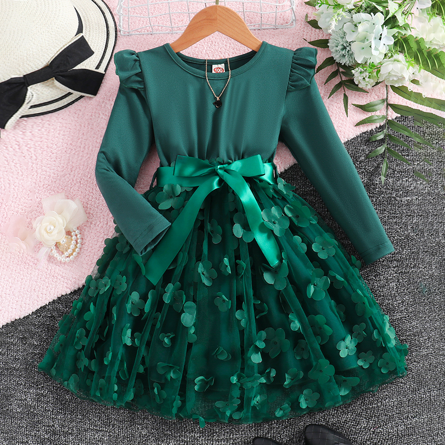 Toddler Girls Tulle Party Dress Fall Long Sleeves Flower Tutu Special Occasion Dresses for Little Girl Birthday Wedding Guest