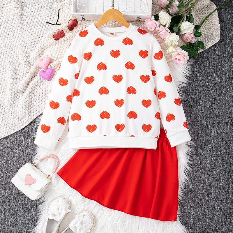 Girls Heart Print Skirt Set Fall Winter 2 Piece Outfit Dresses Long Sleeve Top Cute Clothes Outfit for 8-12Y Girls