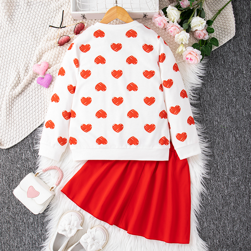 Girls Heart Print Skirt Set Fall Winter 2 Piece Outfit Dresses Long Sleeve Top Cute Clothes Outfit for 8-12Y Girls