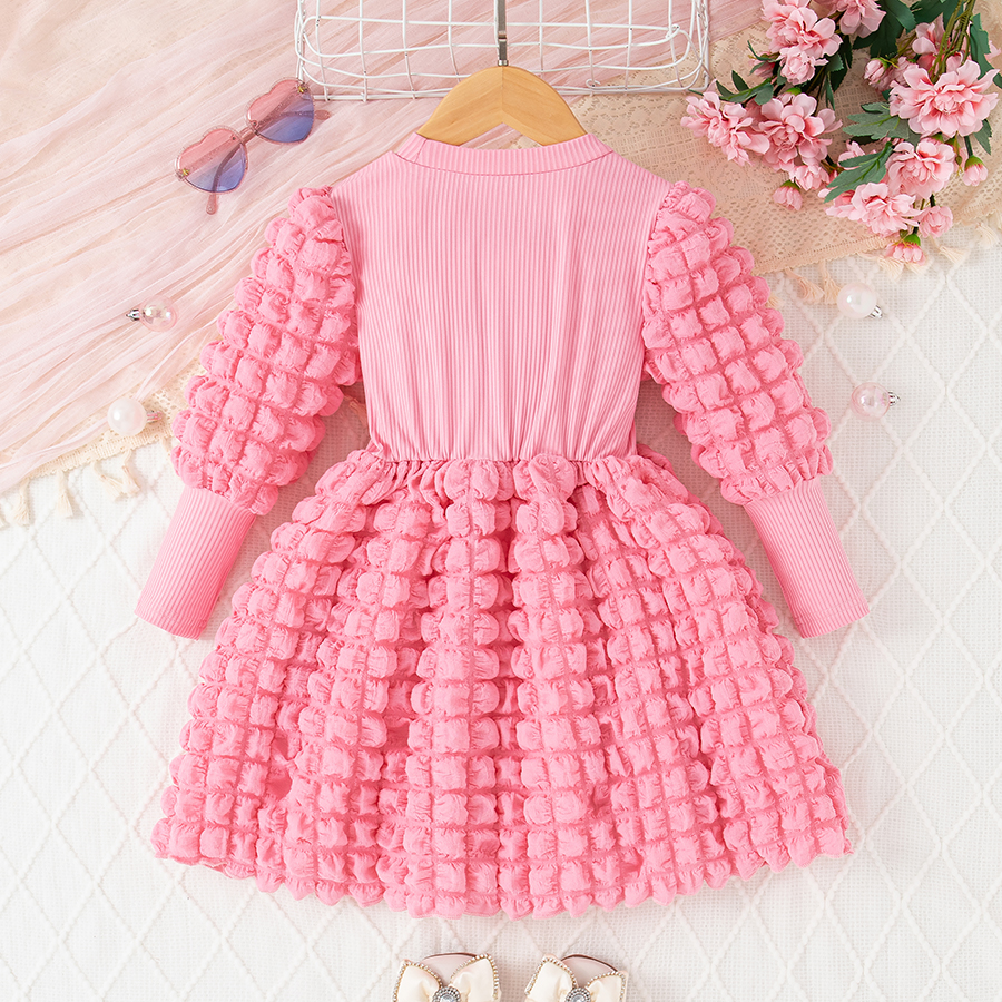 Girls Dresses Long Sleeve Bow A-line Toddler Solid Color Plain Kneelength Dress