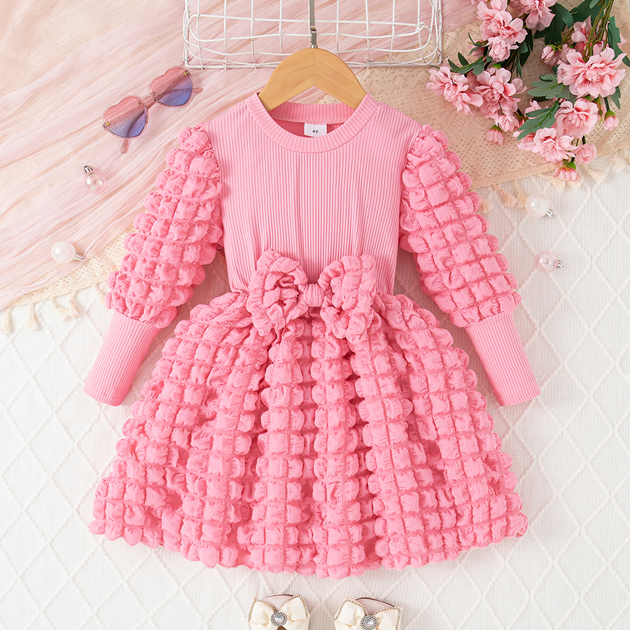 Girls Dresses Long Sleeve Bow A-line Toddler Solid Color Plain Kneelength Dress