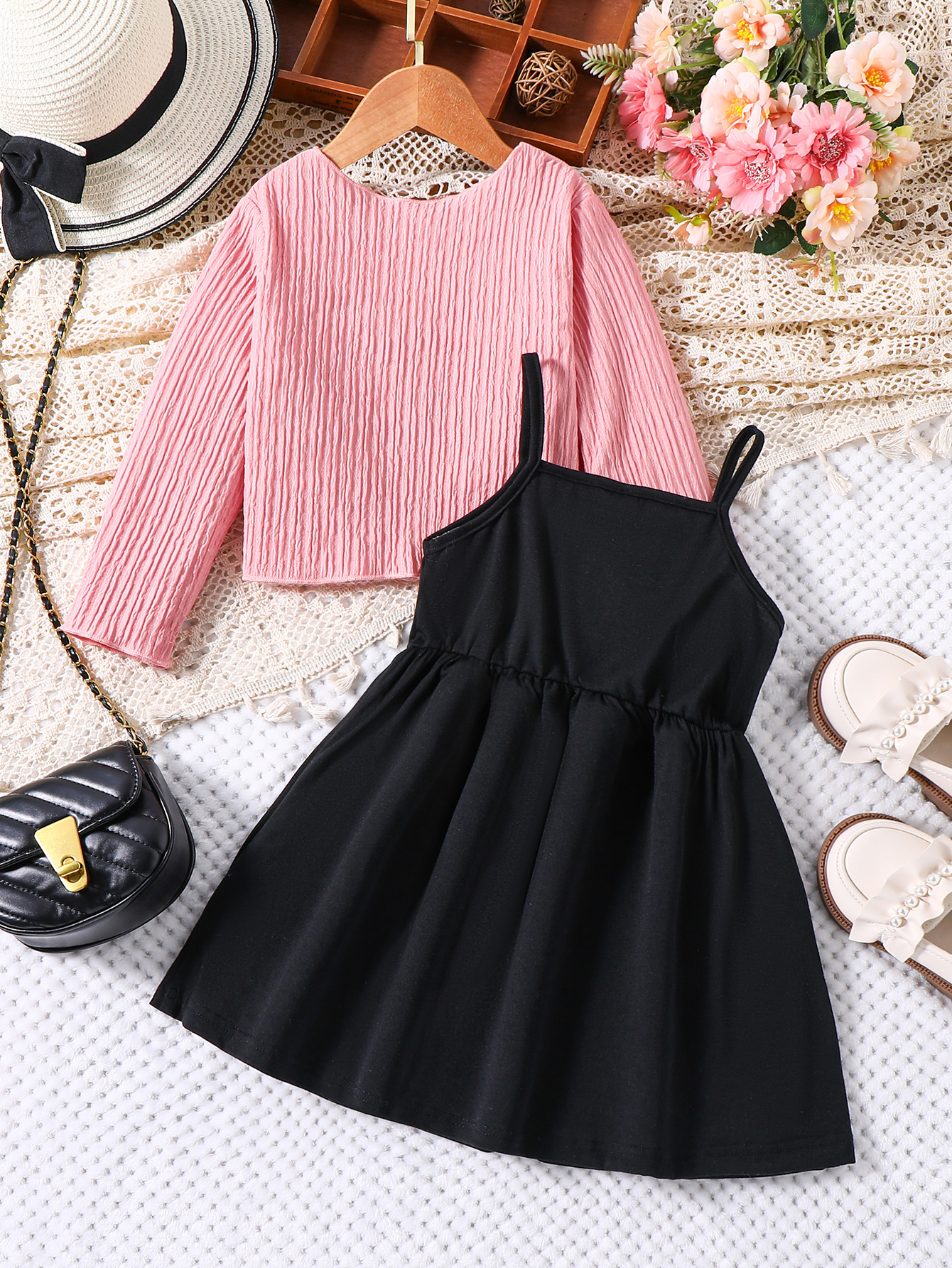 Toddler Girls Dress Long Sleeve Cardigan and Sleeveless Solid Dress 2Pcs Sets