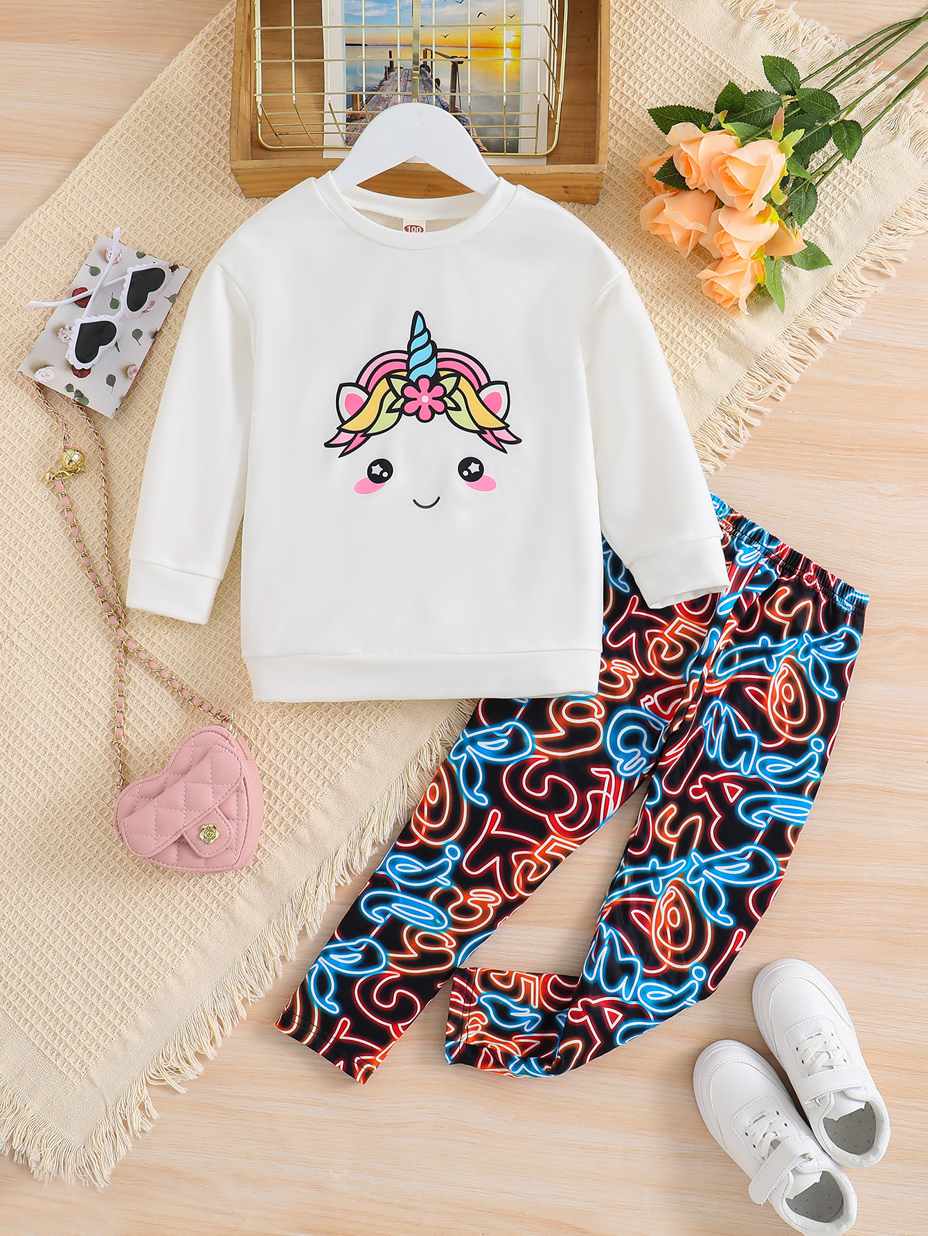 Little Girls Outfits 2 Piece Toddler Long Sleeve Sweatshirt and Printed Leggings Pants Fall Winter Clothing Set 1-8 Years