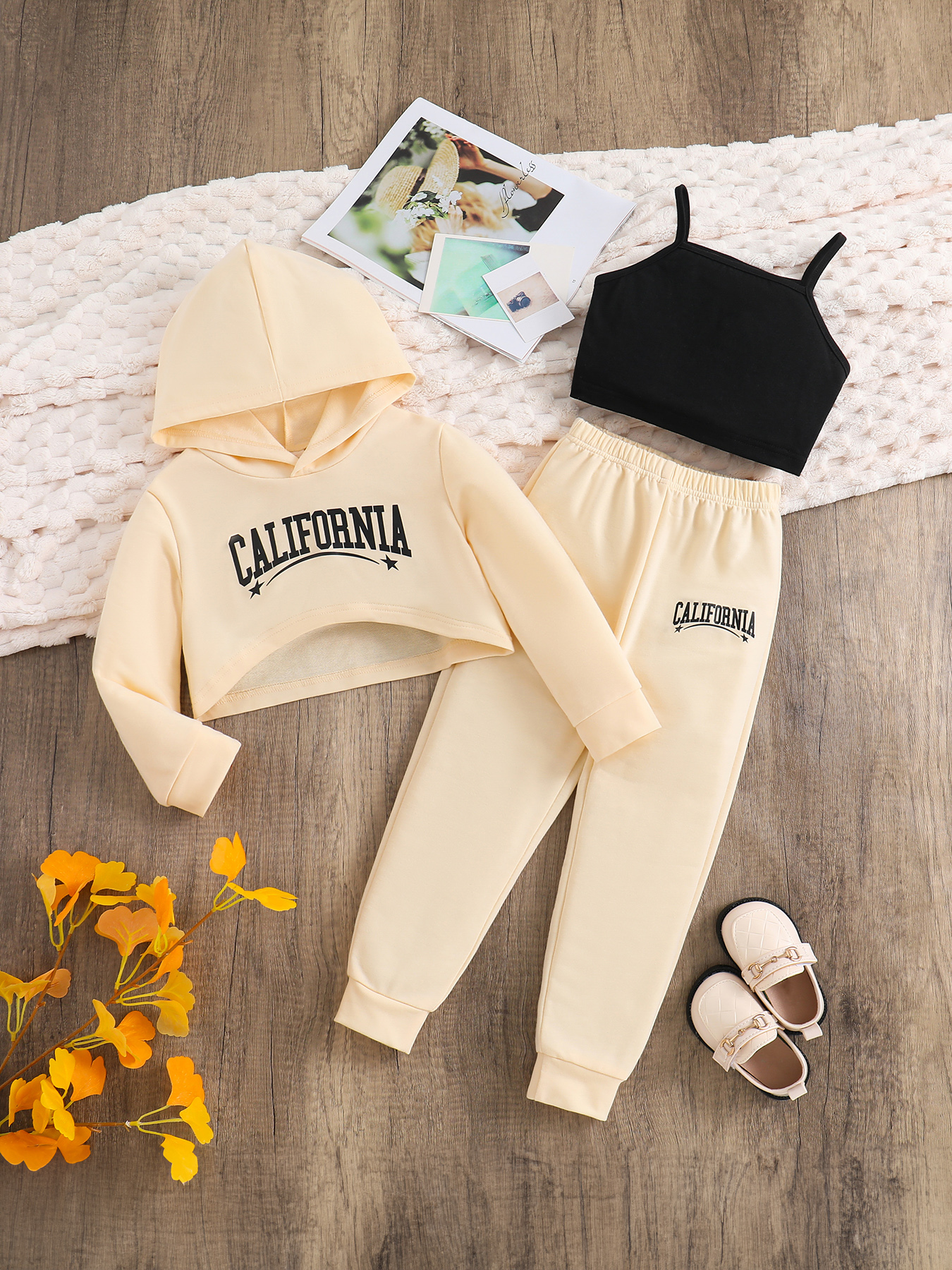 Girls Clothes Set 3Pcs Long Sleeve Letter Print Hoodie Sweatshirt Solid Cami Tops and Sweatpants for Little Girls