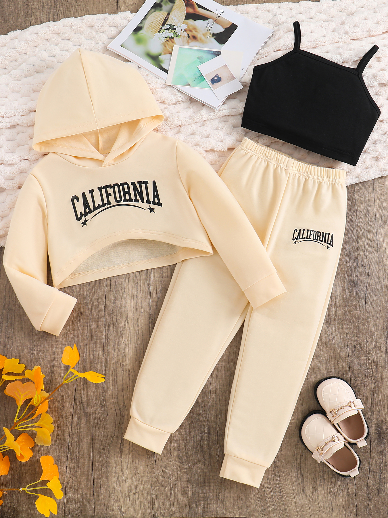 Girls Clothes Set 3Pcs Long Sleeve Letter Print Hoodie Sweatshirt Solid Cami Tops and Sweatpants for Little Girls