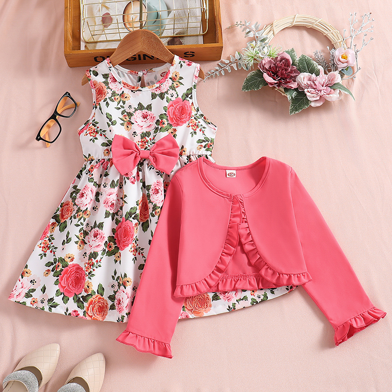 Toddler Little Girls Dress Sets Floral Print Sleeveless Dress and Long Sleeve Cardigan 2 Piece Set