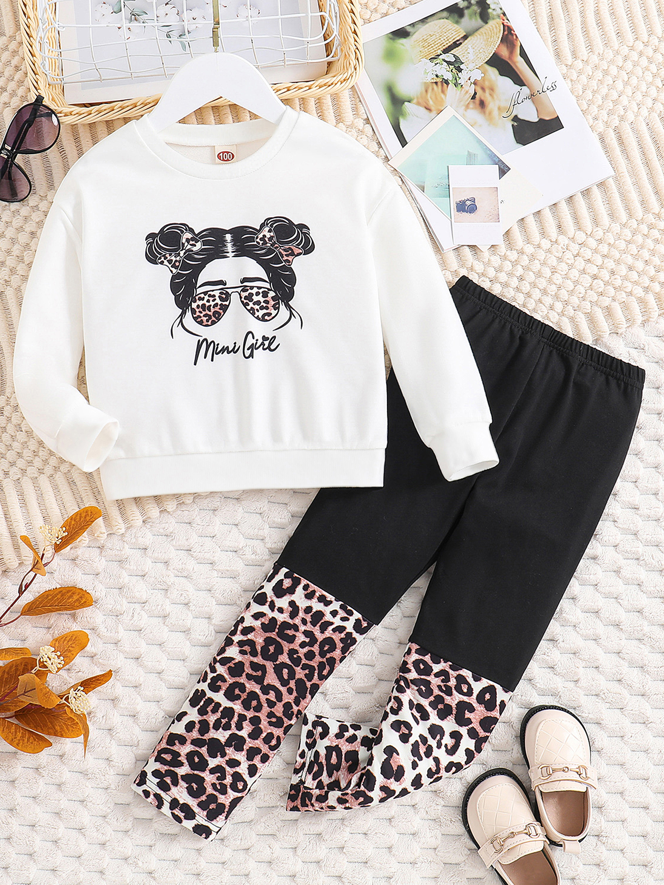 Girls 2 Piece Outfits Long Sleeve Pullover Tee Crew Neck Top and Leopard Color Block Legging Girl Fall Winter Outfit Set