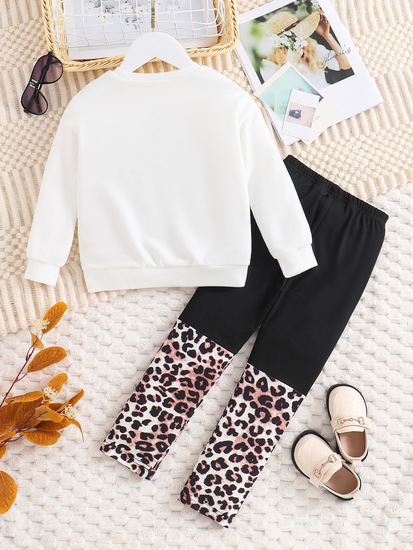 Girls 2 Piece Outfits Long Sleeve Pullover Tee Crew Neck Top and Leopard Color Block Legging Girl Fall Winter Outfit Set