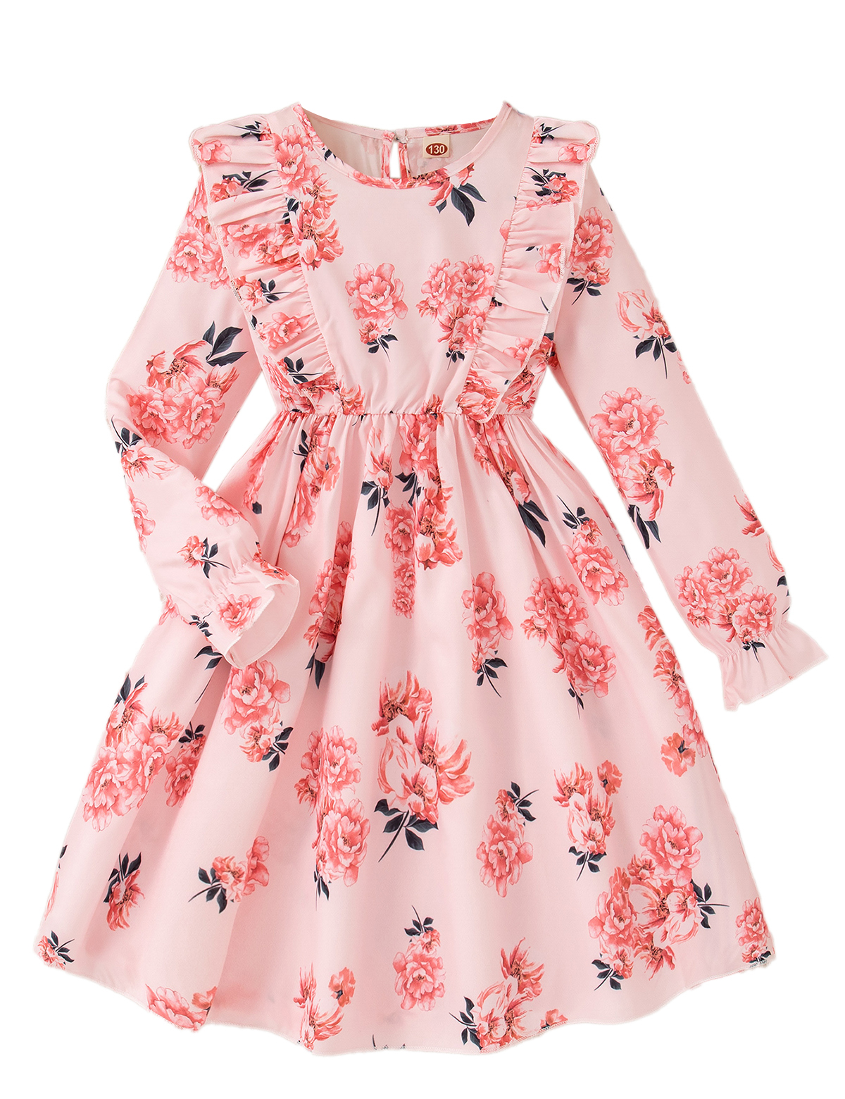 Girls Ruffle Trim Dress Floral Print Long Sleeve A-line Swing Flared Belted Casual Party Dress