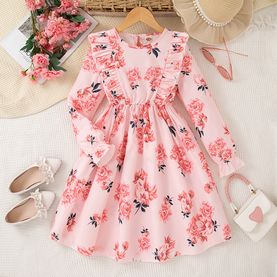 Girls Ruffle Trim Dress Floral Print Long Sleeve A-line Swing Flared Belted Casual Party Dress