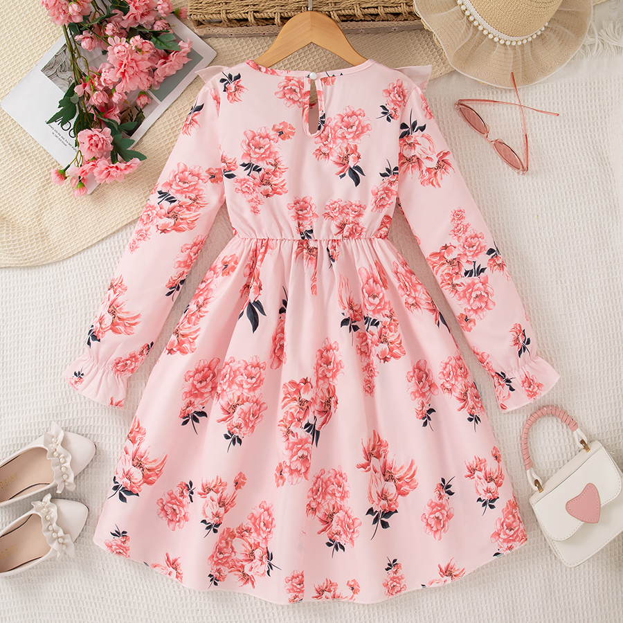 Girls Ruffle Trim Dress Floral Print Long Sleeve A-line Swing Flared Belted Casual Party Dress