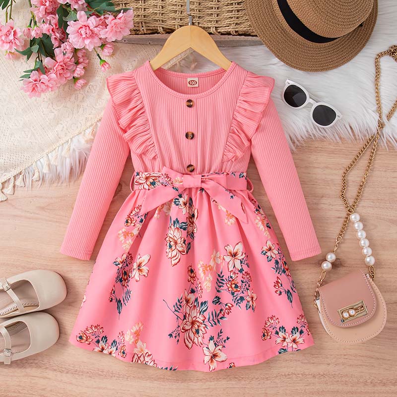 Little Girls Ruffle Trim Dress Print Long Sleeve A-line Belted Casual Party Dress 1-8 Years